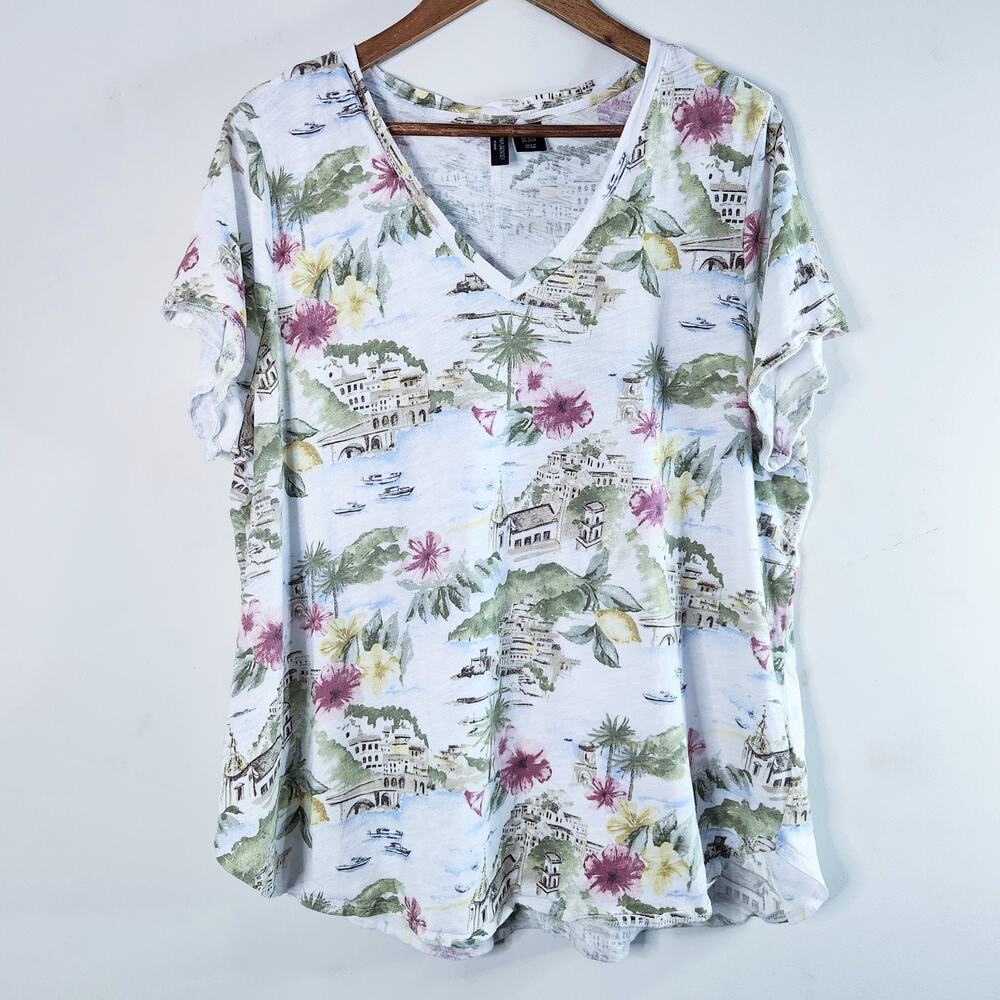 Cynthia Rowley Womens White Tropical Print T Shirt Size 2X Floral Resort Beach